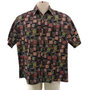 Tori Richard Black Block Print Hawaiian Shirt XL Floral Matched Pocket Cotton